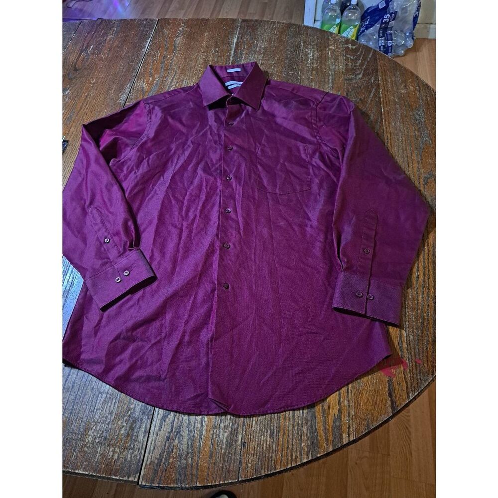 Mens Size 16 32/33 Van Heusen Fitted Burgandy Pique Long Sleeve Dress Shirt
